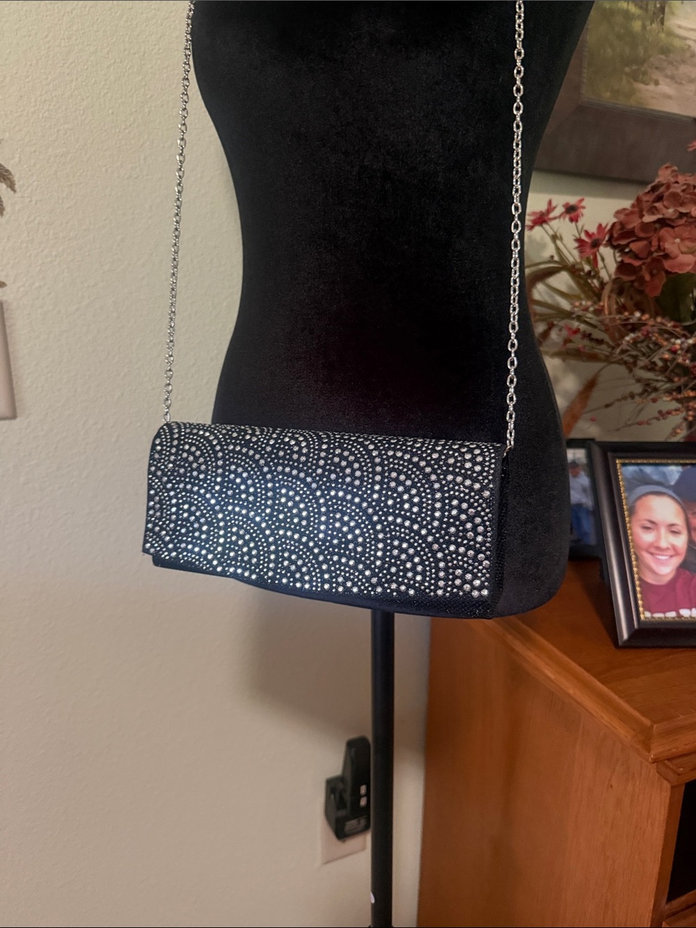 Kate Landry Black Scallop-Studded Chain Clutch